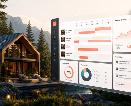 Owner revenue and property analytics dashboard beside a mountain retreat