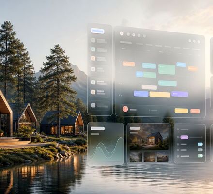 Booking calendar and guest operations system beside forest cabins