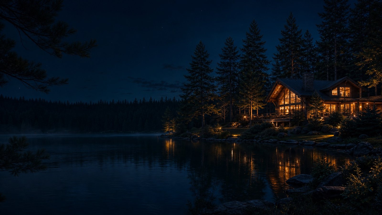 Private forest retreat at dusk